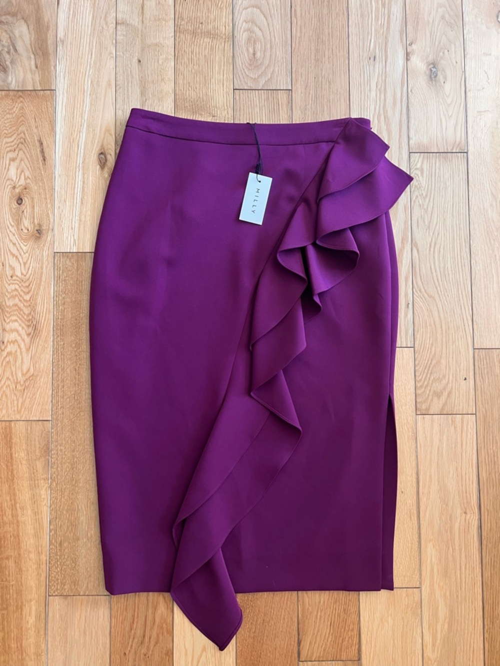NEW Milly Ruffle‎ Pencil Skirt Purple Knee Length Lined Side Slit Womens Size 4